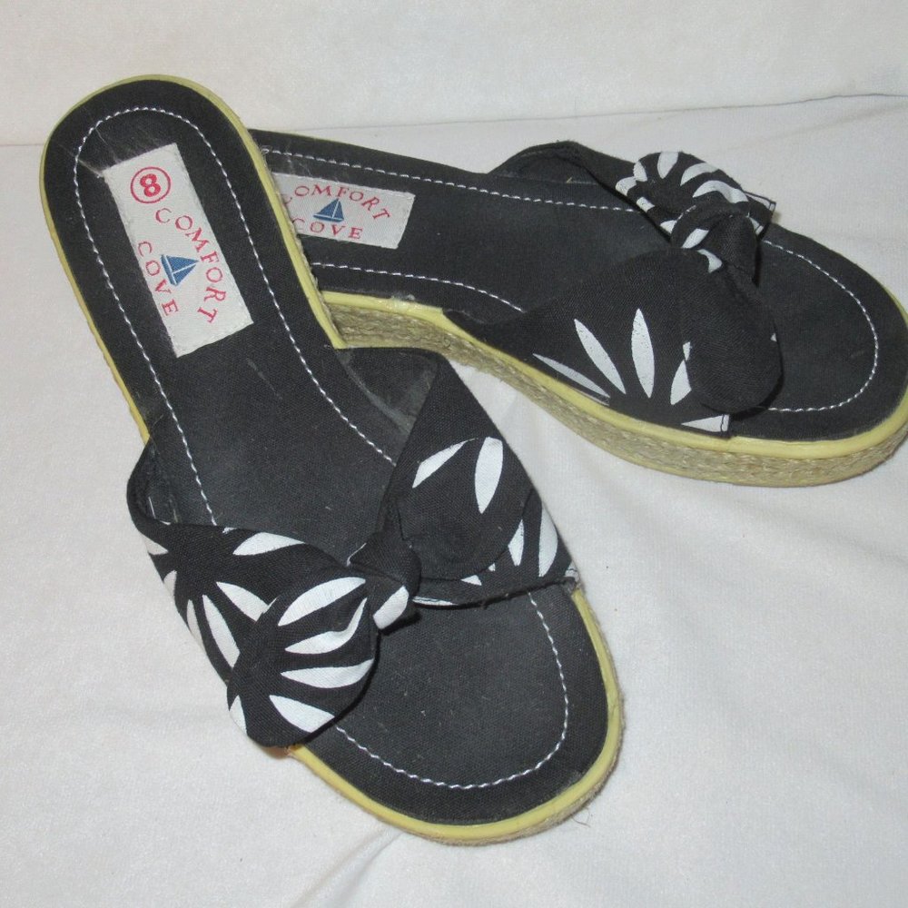 COMFORT COVE Black White Slides Sandals Raffia